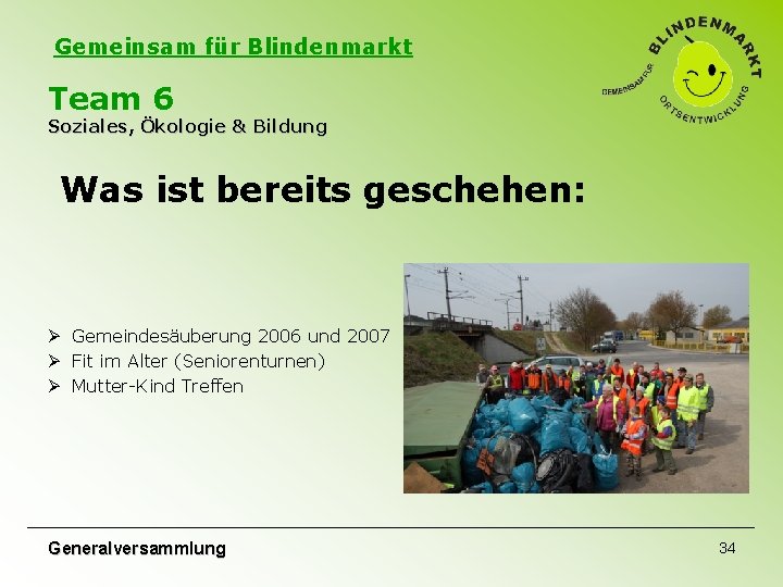 Gemeinsam für Blindenmarkt Team 6 Soziales, Ökologie & Bildung Was ist bereits geschehen: Ø Gemeinsam für Blindenmarkt Team 6 Soziales, Ökologie & Bildung Was ist bereits geschehen: Ø