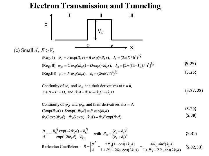 Electron Transmission and Tunneling I II E III V 0 0 d x (5.