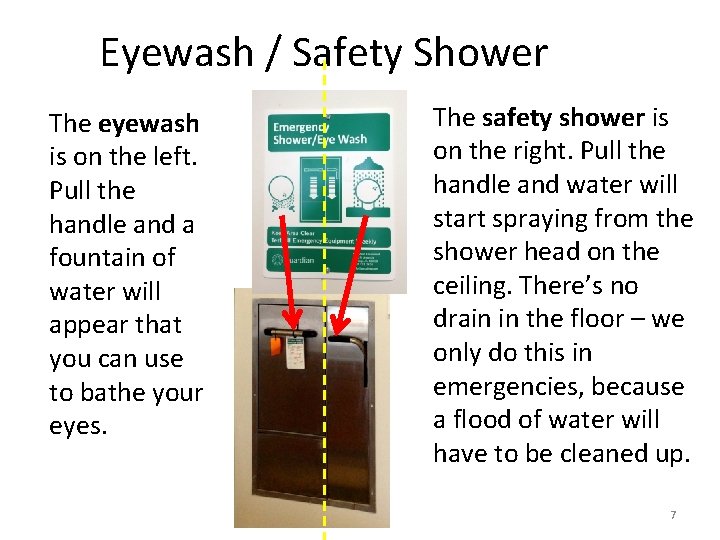Eyewash / Safety Shower The eyewash is on the left. Pull the handle and