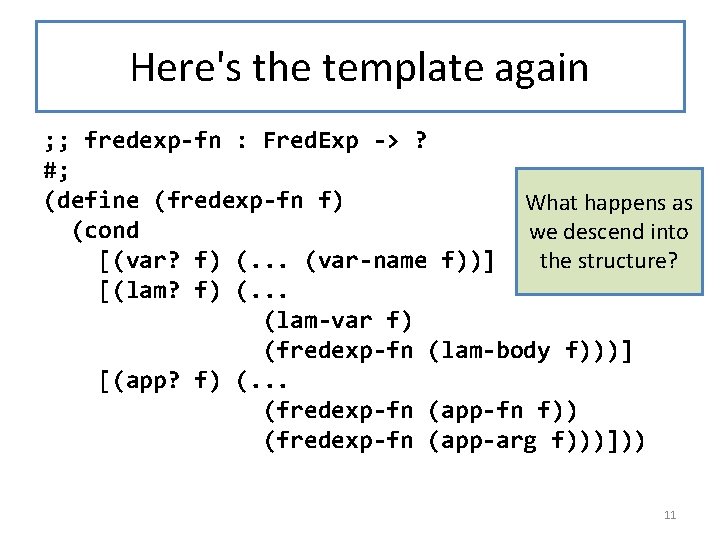 Here's the template again ; ; fredexp-fn : Fred. Exp -> ? #; (define Here's the template again ; ; fredexp-fn : Fred. Exp -> ? #; (define