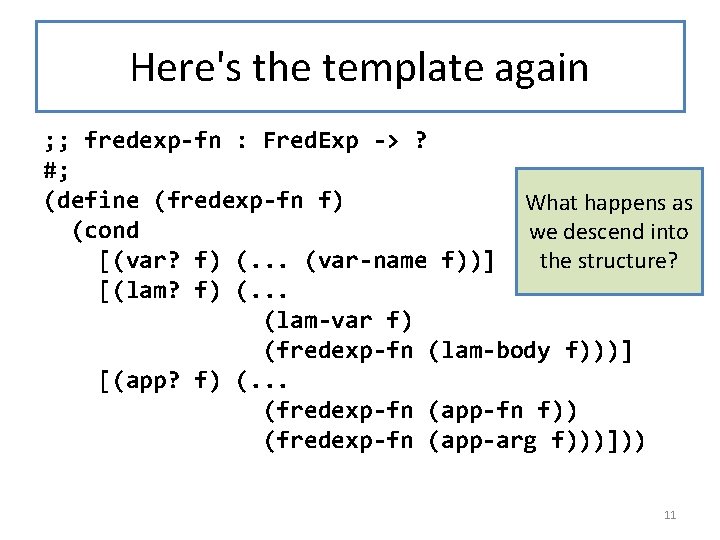 Here's the template again ; ; fredexp-fn : Fred. Exp -> ? #; (define