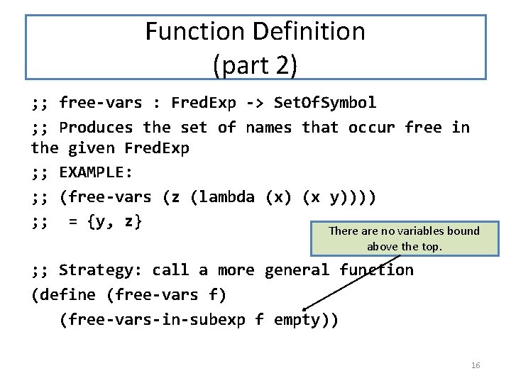 Function Definition (part 2) ; ; free-vars : Fred. Exp -> Set. Of. Symbol