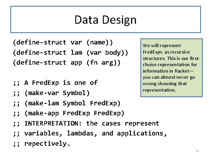 Data Design (define-struct var (name)) (define-struct lam (var body)) (define-struct app (fn arg)) ;