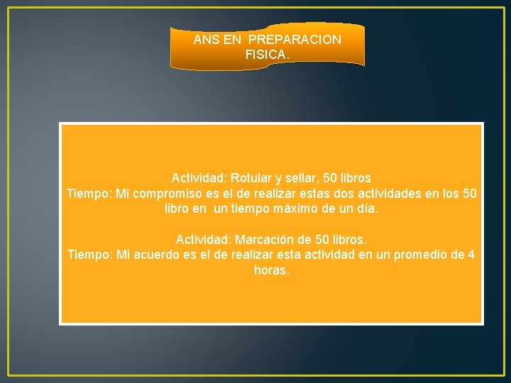 ANS EN PREPARACION FISICA. Actividad: Rotular y sellar, 50 libros Tiempo: Mi compromiso es