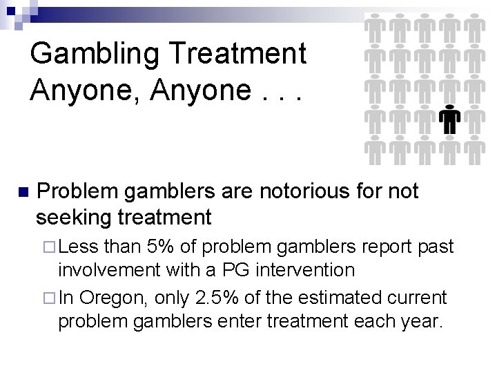 Gambling Treatment Anyone, Anyone. . . n Problem gamblers are notorious for not seeking Gambling Treatment Anyone, Anyone. . . n Problem gamblers are notorious for not seeking