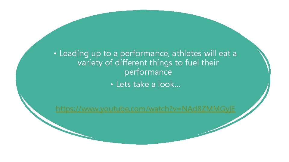 • Leading up to a performance, athletes will eat a variety of different • Leading up to a performance, athletes will eat a variety of different