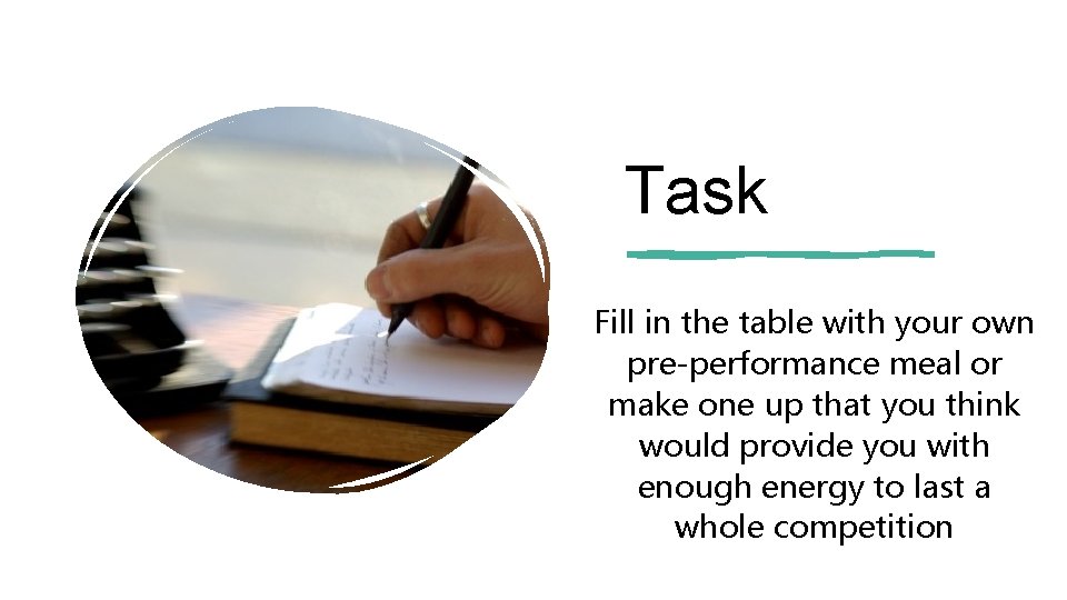 Task Fill in the table with your own pre-performance meal or make one up Task Fill in the table with your own pre-performance meal or make one up