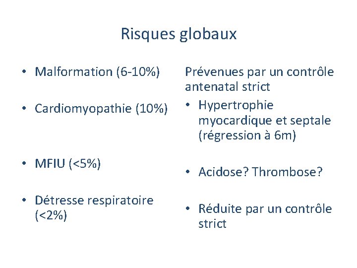 Risques globaux • Malformation (6 -10%) • Cardiomyopathie (10%) • MFIU (<5%) • Détresse Risques globaux • Malformation (6 -10%) • Cardiomyopathie (10%) • MFIU (<5%) • Détresse