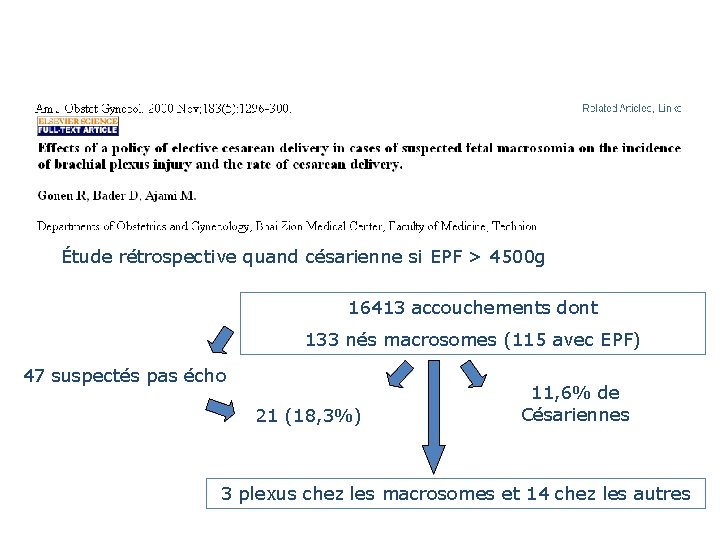 Étude rétrospective quand césarienne si EPF > 4500 g 16413 accouchements dont 133 nés Étude rétrospective quand césarienne si EPF > 4500 g 16413 accouchements dont 133 nés