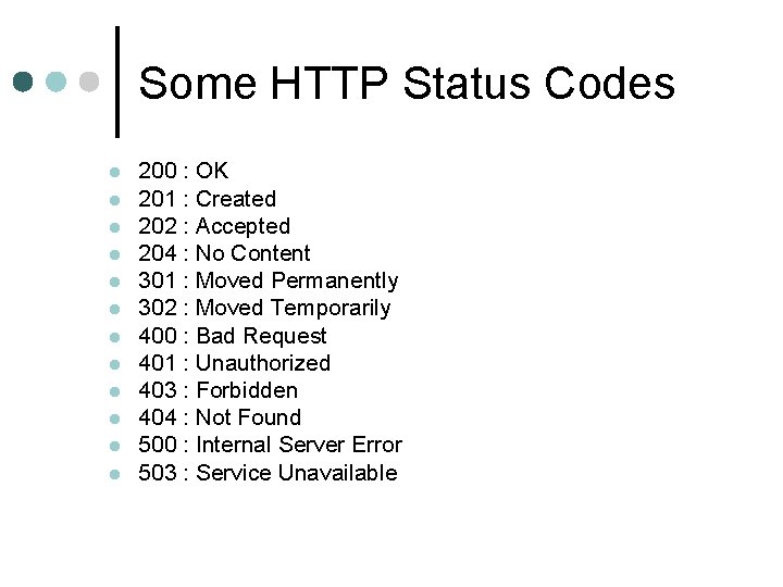 Some HTTP Status Codes l l l 200 : OK 201 : Created 202