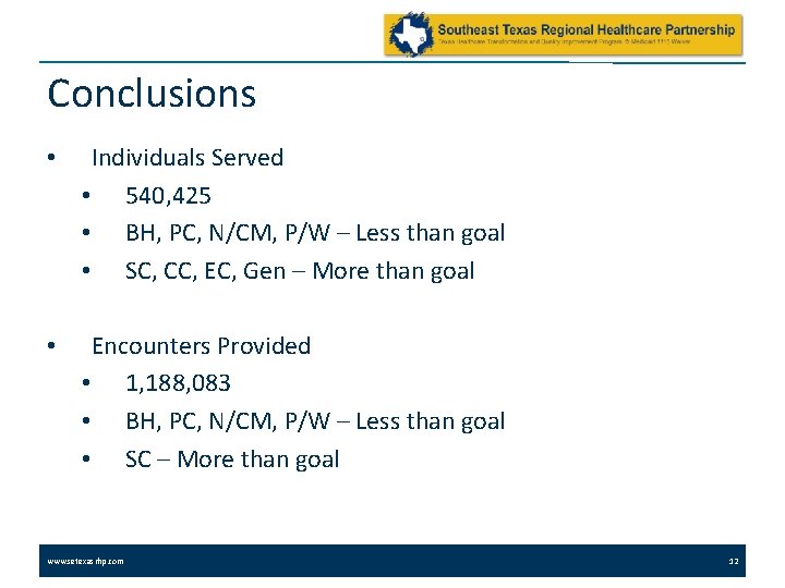 Conclusions • Individuals Served • 540, 425 • BH, PC, N/CM, P/W – Less