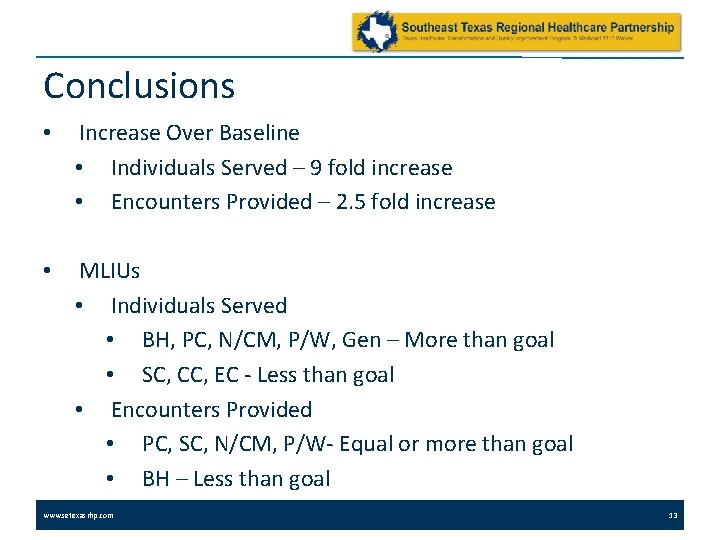 Conclusions • Increase Over Baseline • Individuals Served – 9 fold increase • Encounters