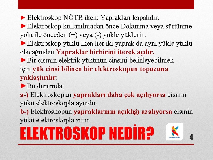 ► Elektroskop NÖTR iken: Yaprakları kapalıdır. ►Elektroskop kullanılmadan önce Dokunma veya sürtünme yolu ile ► Elektroskop NÖTR iken: Yaprakları kapalıdır. ►Elektroskop kullanılmadan önce Dokunma veya sürtünme yolu ile
