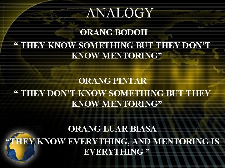 ANALOGY ORANG BODOH “ THEY KNOW SOMETHING BUT THEY DON’T KNOW MENTORING” ORANG PINTAR