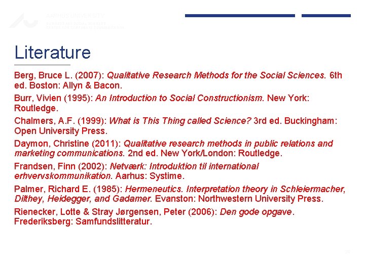 AARHUS UNIVERSITY BUSINESS AND SOCIAL SCIENCES CENTRE FOR CORPORATE COMMUNICATION Literature Berg, Bruce L. AARHUS UNIVERSITY BUSINESS AND SOCIAL SCIENCES CENTRE FOR CORPORATE COMMUNICATION Literature Berg, Bruce L.