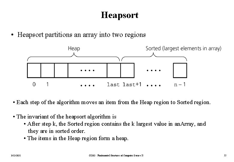 Heapsort • Heapsort partitions an array into two regions • Each step of the