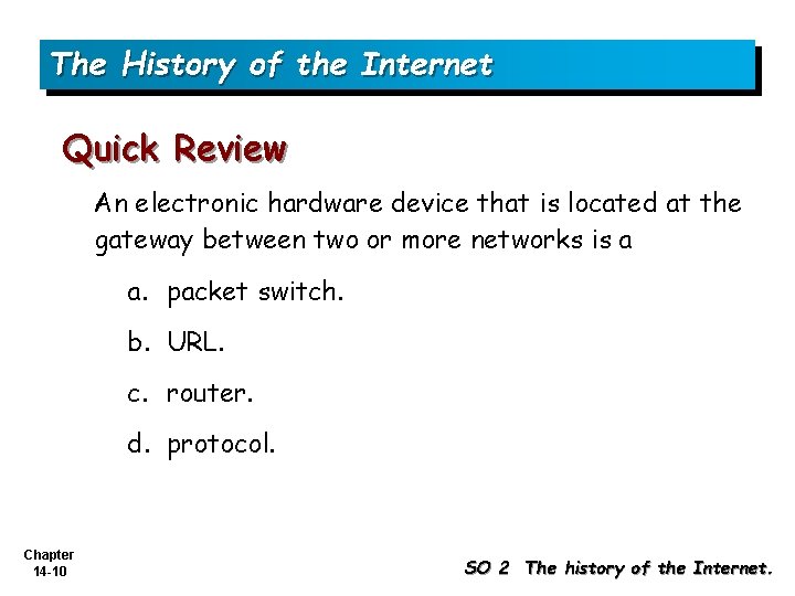 The History of the Internet Quick Review An electronic hardware device that is located