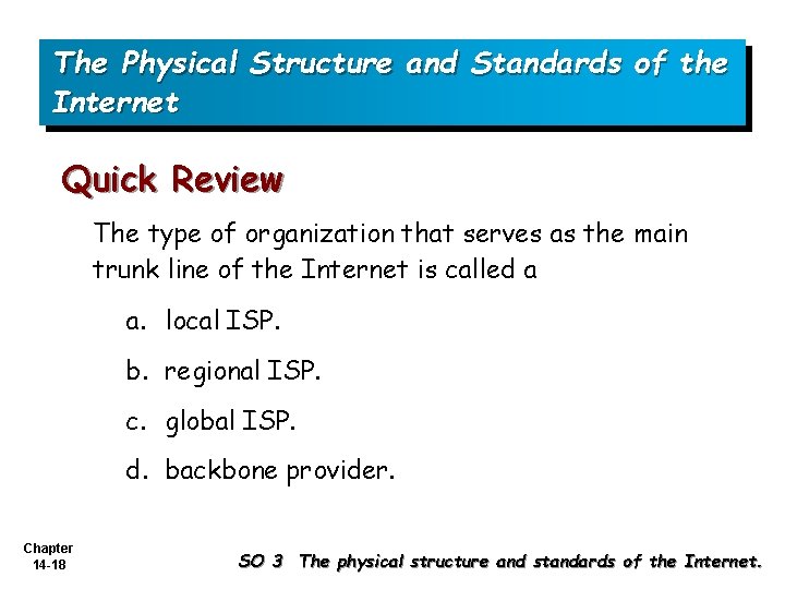 The Physical Structure and Standards of the Internet Quick Review The type of organization