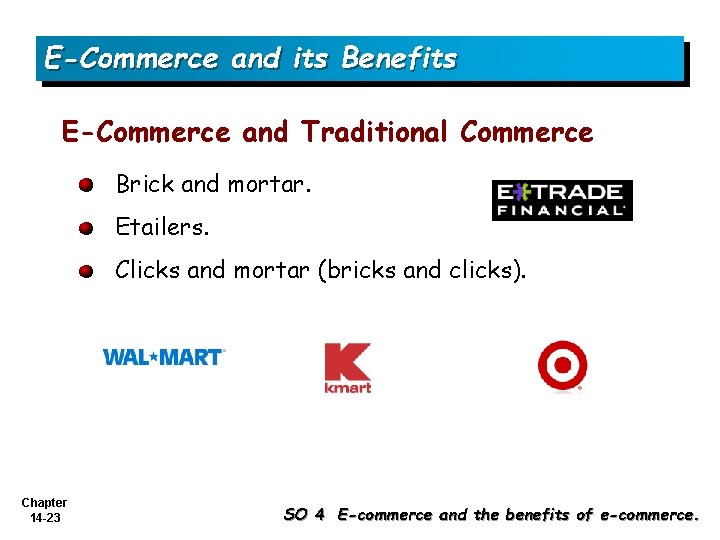 E-Commerce and its Benefits E-Commerce and Traditional Commerce Brick and mortar. Etailers. Clicks and