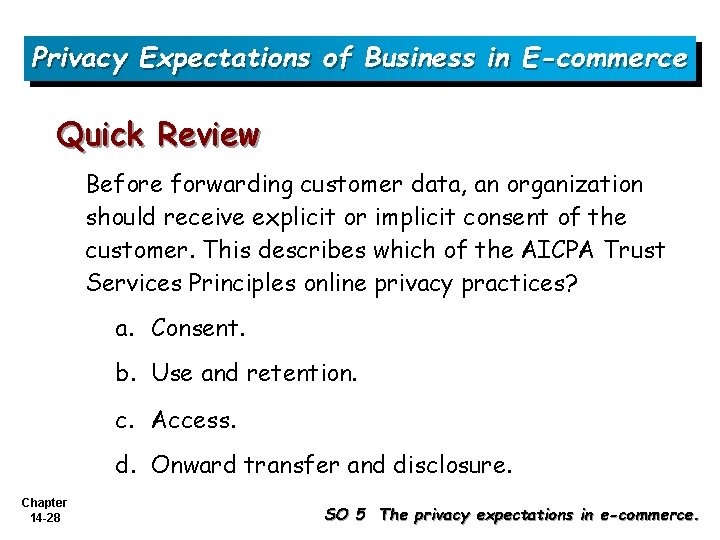 Privacy Expectations of Business in E-commerce Quick Review Before forwarding customer data, an organization