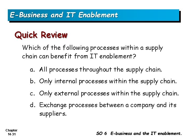 E-Business and IT Enablement Quick Review Which of the following processes within a supply