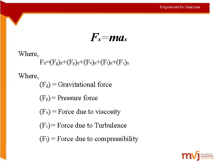 Fx=max Where, Fx=(Fg)x+(Fp)x+(Fv)x+(Ft)x+(Fc)x Where, (Fg) = Gravitational force (Fp) = Pressure force (Fv) =