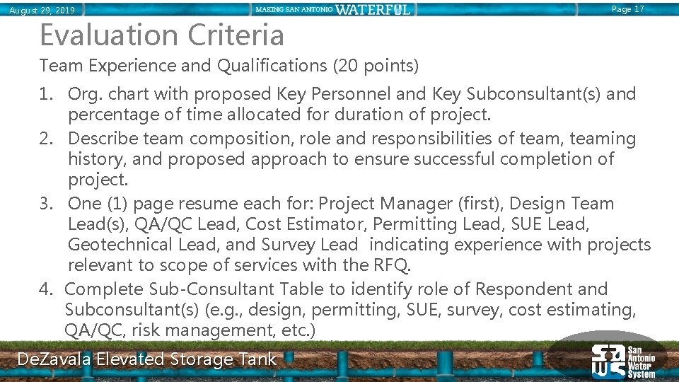 August 29, 2019 Page 17 Evaluation Criteria Team Experience and Qualifications (20 points) 1.