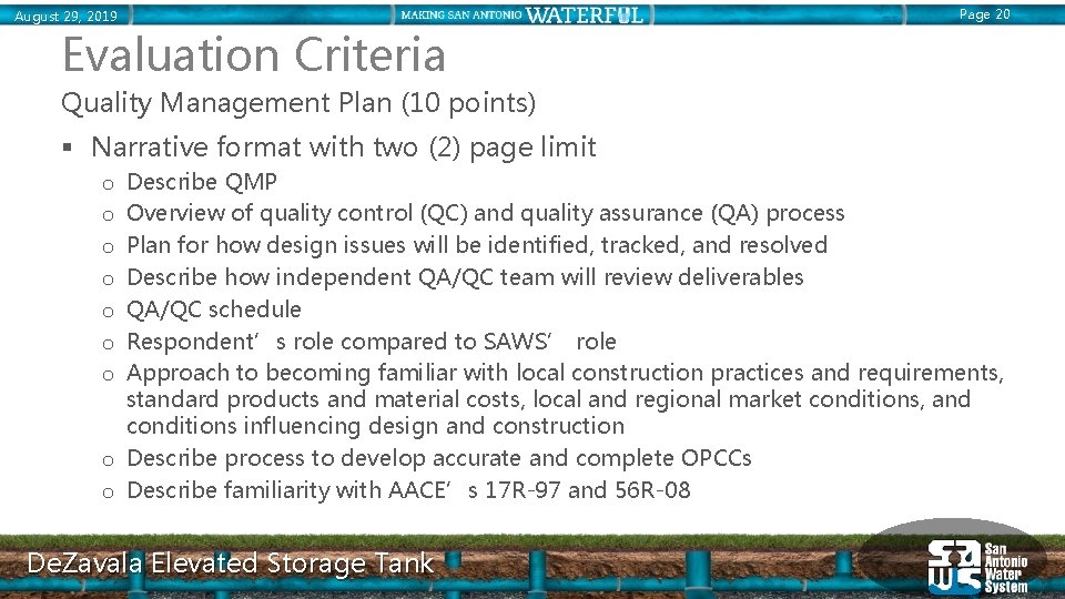 August 29, 2019 Page 20 Evaluation Criteria Quality Management Plan (10 points) § Narrative