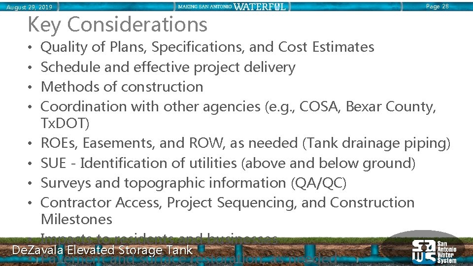 August 29, 2019 Page 28 Key Considerations Quality of Plans, Specifications, and Cost Estimates