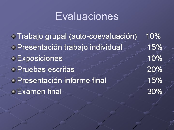Evaluaciones Trabajo grupal (auto-coevaluación) Presentación trabajo individual Exposiciones Pruebas escritas Presentación informe final Examen