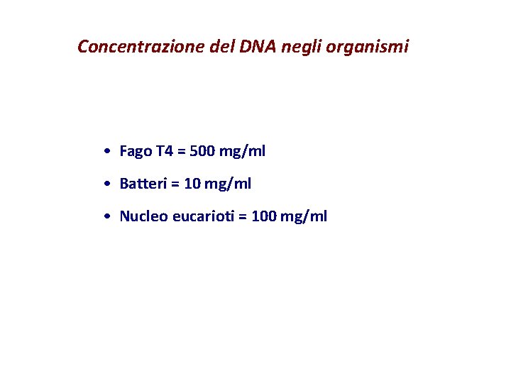 Concentrazione del DNA negli organismi • Fago T 4 = 500 mg/ml • Batteri