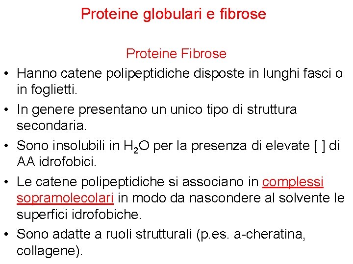 Proteine globulari e fibrose • • • Proteine Fibrose Hanno catene polipeptidiche disposte in