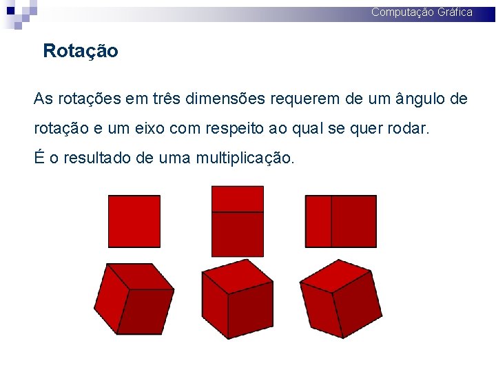 Computação Gráfica Rotação As rotações em três dimensões requerem de um ângulo de rotação