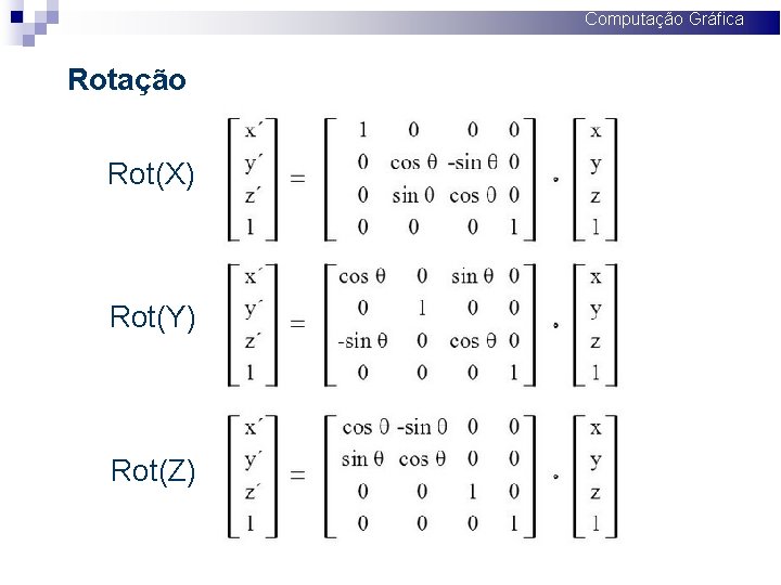 Computação Gráfica Rotação Rot(X) Rot(Y) Rot(Z) 