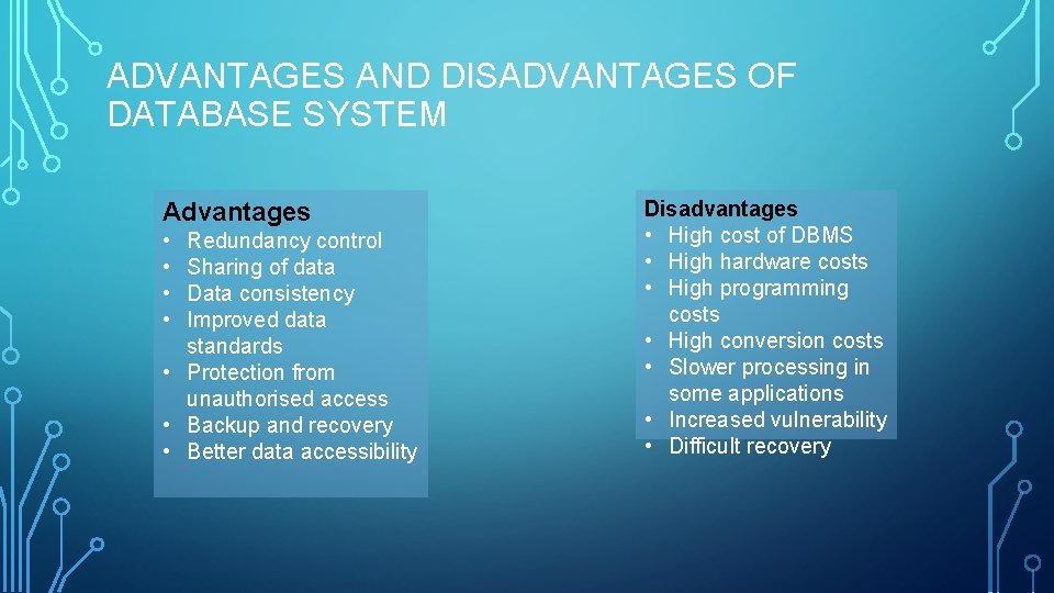 ADVANTAGES AND DISADVANTAGES OF DATABASE SYSTEM Advantages • • Redundancy control Sharing of data