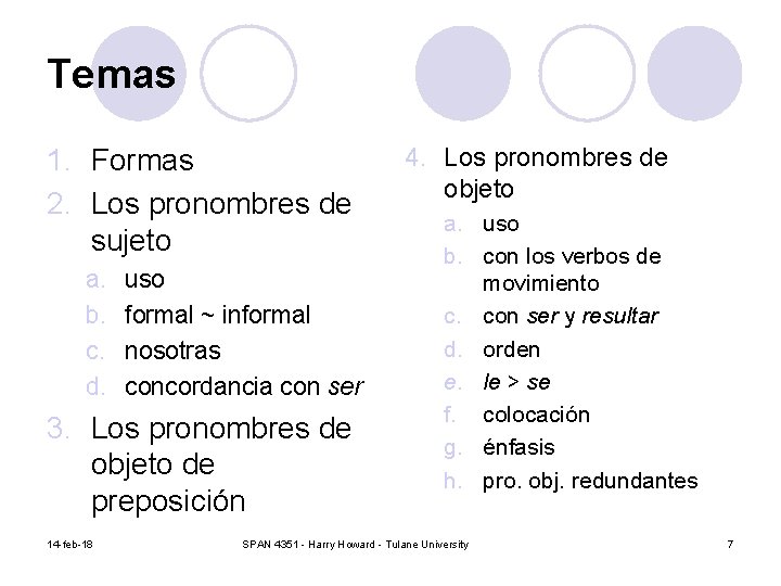 Temas 1. Formas 2. Los pronombres de sujeto a. b. c. d. uso formal