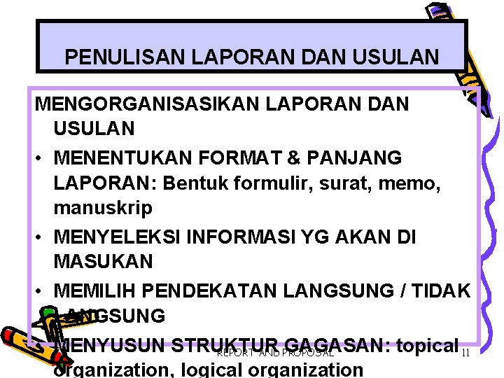 PENULISAN LAPORAN DAN USULAN MENGORGANISASIKAN LAPORAN DAN USULAN • MENENTUKAN FORMAT & PANJANG LAPORAN: