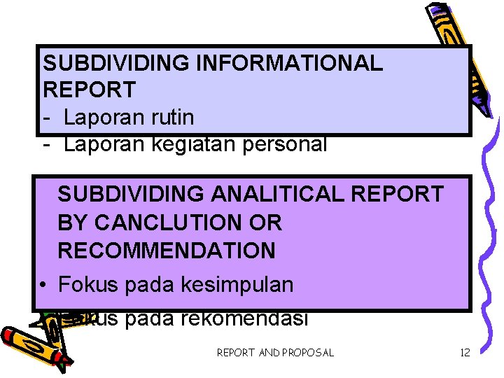SUBDIVIDING INFORMATIONAL REPORT - Laporan rutin - Laporan kegiatan personal SUBDIVIDING ANALITICAL REPORT BY