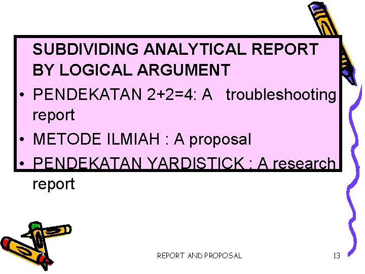 SUBDIVIDING ANALYTICAL REPORT BY LOGICAL ARGUMENT • PENDEKATAN 2+2=4: A troubleshooting report • METODE