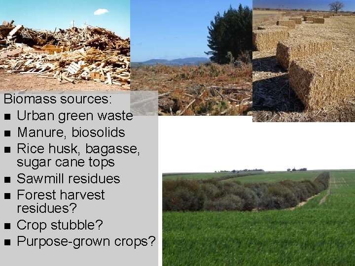 Biomass sources: n Urban green waste n Manure, biosolids n Rice husk, bagasse, sugar