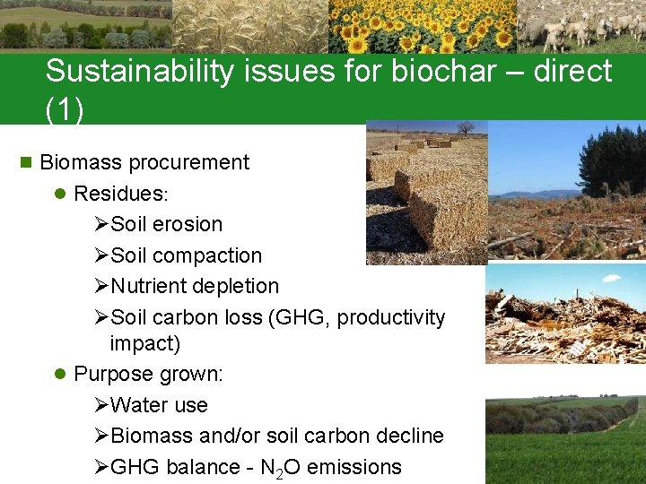 Sustainability issues for biochar – direct (1) n Biomass procurement l Residues: ØSoil erosion
