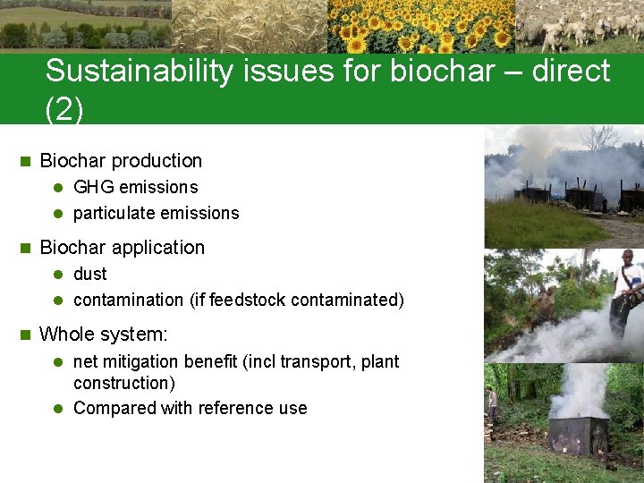 Sustainability issues for biochar – direct (2) n Biochar production l GHG emissions l