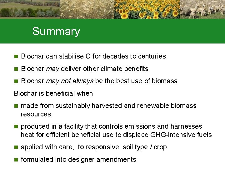 Summary n Biochar can stabilise C for decades to centuries n Biochar may deliver