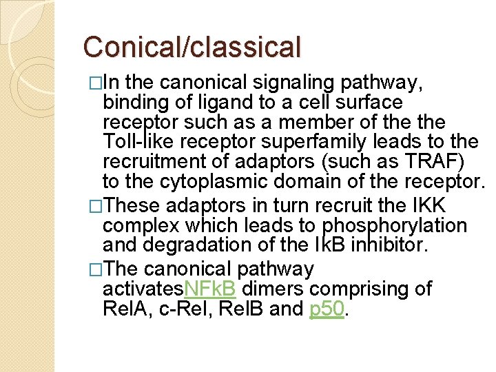 Conical/classical �In the canonical signaling pathway, binding of ligand to a cell surface receptor Conical/classical �In the canonical signaling pathway, binding of ligand to a cell surface receptor