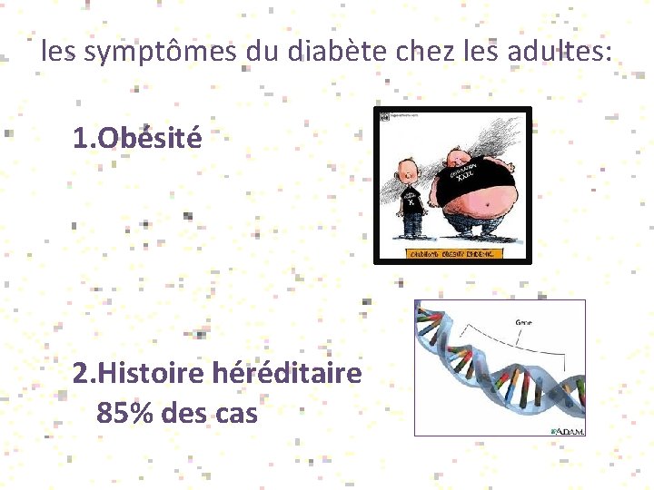 les symptômes du diabète chez les adultes: 1. Obésité 2. Histoire héréditaire 85% des