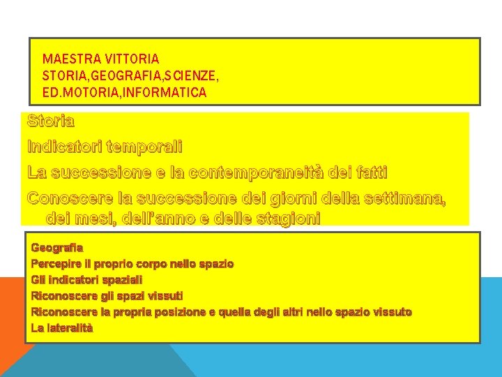 MAESTRA VITTORIA STORIA, GEOGRAFIA, SCIENZE, ED. MOTORIA, INFORMATICA Storia Indicatori temporali La successione e MAESTRA VITTORIA STORIA, GEOGRAFIA, SCIENZE, ED. MOTORIA, INFORMATICA Storia Indicatori temporali La successione e