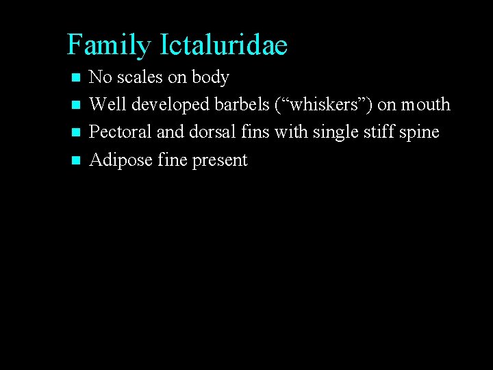 Family Ictaluridae n n No scales on body Well developed barbels (“whiskers”) on mouth Family Ictaluridae n n No scales on body Well developed barbels (“whiskers”) on mouth