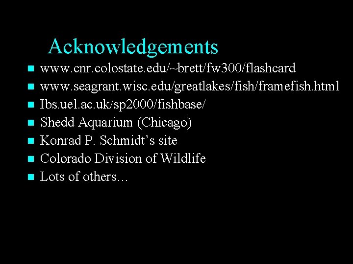 Acknowledgements n n n n www. cnr. colostate. edu/~brett/fw 300/flashcard www. seagrant. wisc. edu/greatlakes/fish/framefish. Acknowledgements n n n n www. cnr. colostate. edu/~brett/fw 300/flashcard www. seagrant. wisc. edu/greatlakes/fish/framefish.