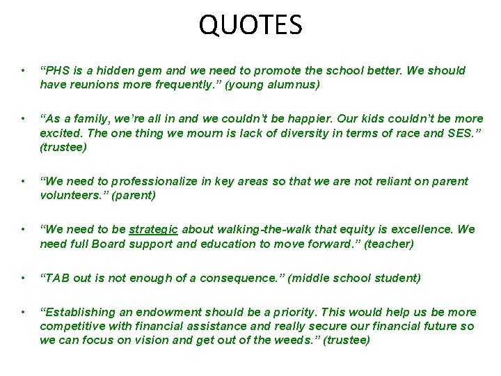 QUOTES • “PHS is a hidden gem and we need to promote the school