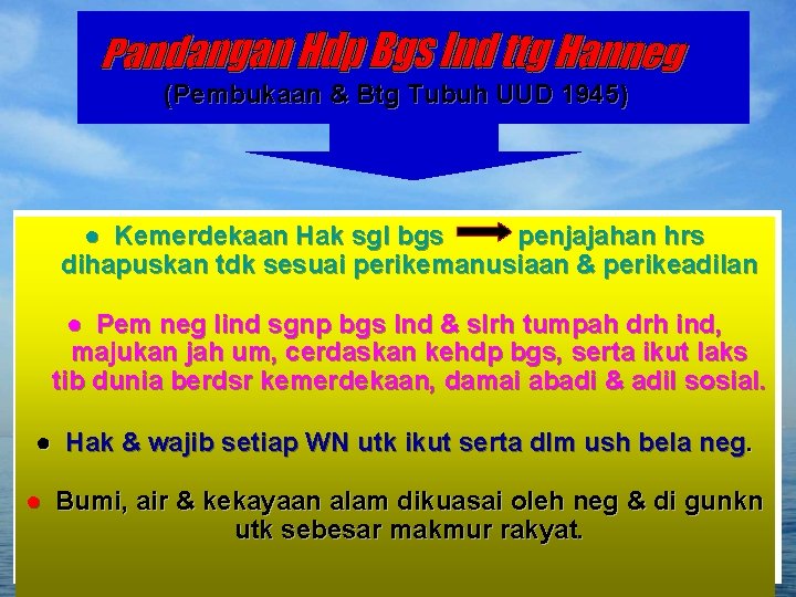 (Pembukaan & Btg Tubuh UUD 1945) ● Kemerdekaan Hak sgl bgs penjajahan hrs dihapuskan (Pembukaan & Btg Tubuh UUD 1945) ● Kemerdekaan Hak sgl bgs penjajahan hrs dihapuskan